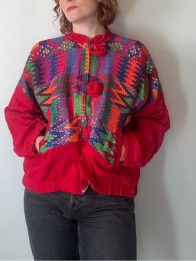 Vibrant 1990s Guatemalan Woven Red Patterned Bomber Jacket